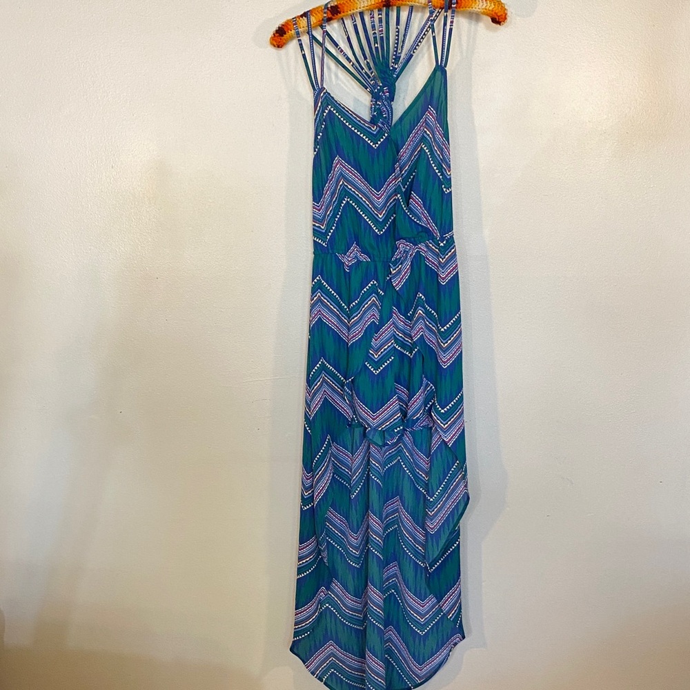 Candie's Teal Chevron Maxi Dress with Pink & White Strappy Detail